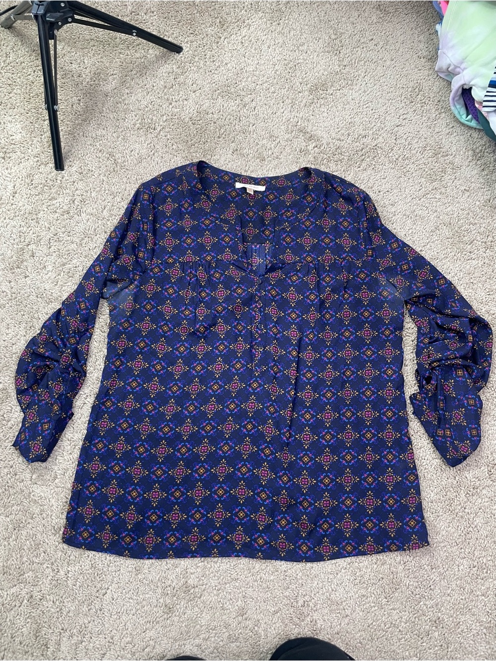 Women's Navy Blue Printed Long Sleeve‎ Blouse